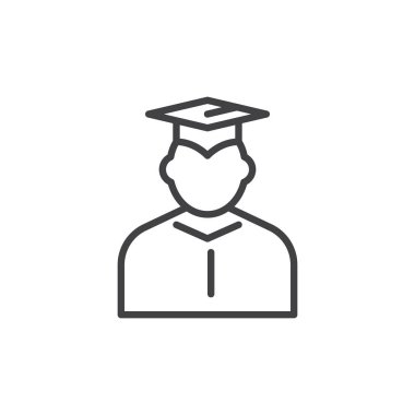 Manto ve mezuniyet kap anahat simgesi, çizgi vektör işareti, üzerinde beyaz izole doğrusal stil piktogram öğrenci. Sembol, logo illüstrasyon. Düzenlenebilir inme. Piksel mükemmel