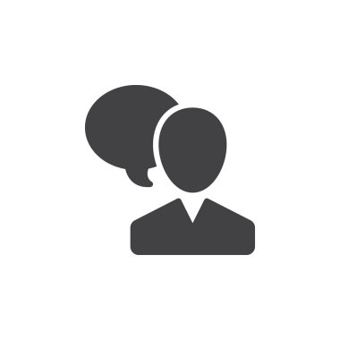 Kullanıcı ve konuşma balonu, simge vektör, konuşan kişi düz işareti, üzerinde beyaz izole katı piktogram dolu. Sembol, logo illüstrasyon. Piksel mükemmel