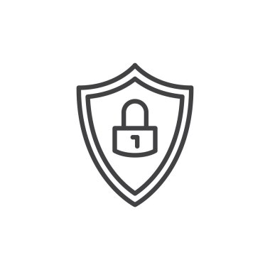 Koruma kalkanı kilit çizgi simgesiyle Anahat vektör işareti, üzerinde beyaz izole doğrusal stil piktogram. Sembol, logo illüstrasyon. Düzenlenebilir inme. Piksel mükemmel