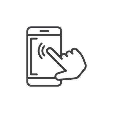 Akıllı telefon dokunmatik ekran dokunun anahat simgesini, çizgi vektör işareti, üzerinde beyaz izole doğrusal stil piktogram. Sembol, logo illüstrasyon. Düzenlenebilir inme. Piksel mükemmel