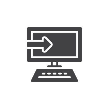 Yazılım yükleme simge vektör, düz işareti, üzerinde beyaz izole katı piktogram dolu. Sembol, logo illüstrasyon. Piksel mükemmel