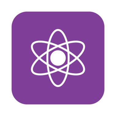 Atom düz simgesi, dolgulu vektör işareti, yuvarlatılmış kare düğmesini üzerinde beyaz izole renkli sembol. Bilim sembolü, logo illüstrasyon. Düz tasarım, piksel mükemmel