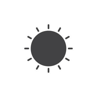 Güneş simge vektör, dolu düz işareti, üzerinde beyaz izole katı piktogram. Güneşli havalarda sembolü, logo illüstrasyon. Piksel mükemmel