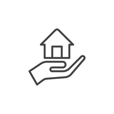 Ev satırı simgesi kadar tutan el Anahat vektör işareti, üzerinde beyaz izole doğrusal stil piktogram. İpotek sembolü, logo illüstrasyon. Düzenlenebilir inme. Piksel mükemmel