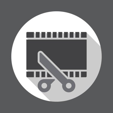 Film ve makas, video düz simgesi kırpın. Düğme, dairesel vektör uzun gölge efekti ile oturum açın. Düz stil tasarım