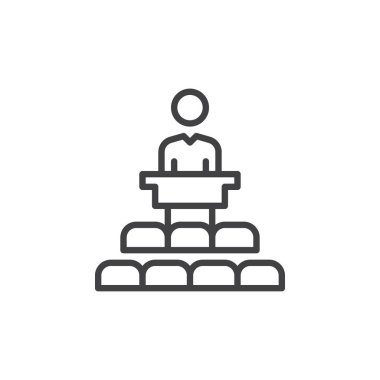 Bir tribün satırı simgesi hoparlöre Anahat vektör işareti, üzerinde beyaz izole doğrusal stil piktogram. Sembol, logo illüstrasyon. Düzenlenebilir inme. Piksel mükemmel