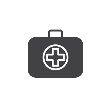 İlk yardım çantası simge vektör, düz işareti, üzerinde beyaz izole katı piktogram dolu. İlk yardım kiti sembolü, logo illüstrasyon. Piksel mükemmel