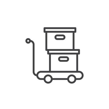 Trolley kutuları satırı simgesi ile vektör işareti, anahat üzerinde beyaz izole doğrusal stil piktogram. Sembol, logo illüstrasyon. Düzenlenebilir inme. Piksel mükemmel