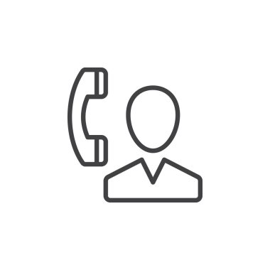 Kullanıcı ve telefon, temas simgesi, Anahat vektör işareti, üzerinde beyaz izole doğrusal stil piktogram. Sembol, logo illüstrasyon. Düzenlenebilir inme. Piksel mükemmel