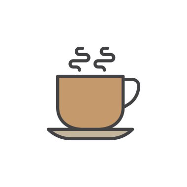 Sıcak kahve fincanı doldurulmuş anahat simgesini, çizgi vektör işareti, üzerinde beyaz izole doğrusal renkli sembol. Cafe sembolü, logo illüstrasyon. Piksel mükemmel