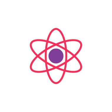 Atom simge vektör, düz işareti, üzerinde beyaz izole katı renkli sembol dolu. Bilim sembolü, logo illüstrasyon. Piksel mükemmel