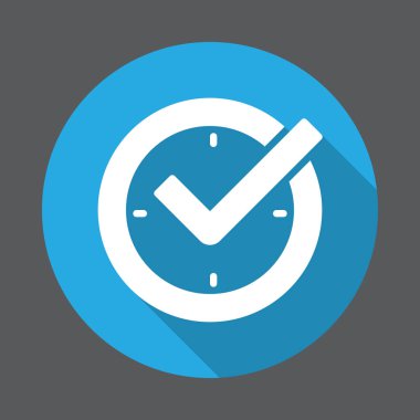 Onay işareti saati, gerçek zamanlı koruma düz simgesi. Renkli düğme dairesel vektör uzun gölge efekti ile oturum açın. Düz stil tasarım