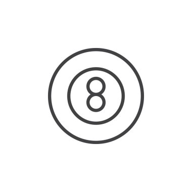 Sekiz top havuzu oyun satırı simgesi, Anahat vektör işareti üzerinde beyaz izole doğrusal stil piktogram. Bilardo sembolü, logo illüstrasyon. Düzenlenebilir inme. Piksel mükemmel