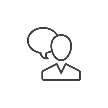 Kullanıcı ve konuşma balonu, kişi konuşan satırı simgesi, vektör işareti, üzerinde beyaz izole doğrusal stil piktogram anahat. Sembol, logo illüstrasyon. Düzenlenebilir inme. Piksel mükemmel