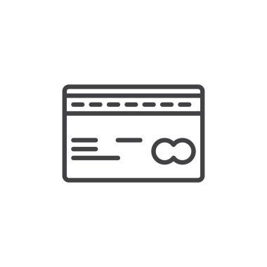 Plastik kredi kartı satırı simgesi, Anahat vektör işareti üzerinde beyaz izole doğrusal stil piktogram. Ödeme sembolü, logo illüstrasyon. Düzenlenebilir inme. Piksel mükemmel