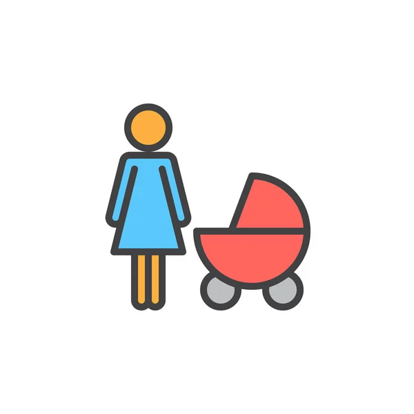 Mãe Com Bebê Carrinho Preenchido Ícone Esboço Sinal Vetor Linha — Vetor de Stock