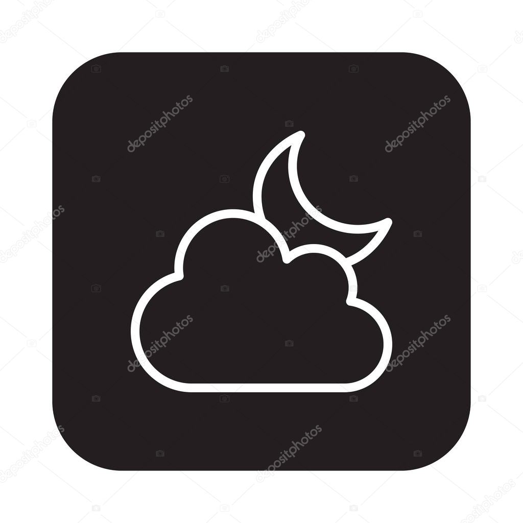 Cloud and moon flat line icon, linear vector sign on colorful rounded square button isolated on white. Partly cloudy night weather symbol, logo illustration. Flat design, pixel perfect