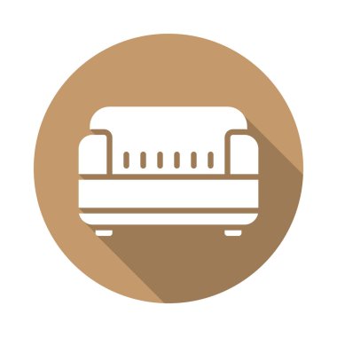 Kanepe düz simgesi. Yuvarlak renkli düğmesini, mobilya dairesel vektör işareti uzun gölge etkisi ile. Düz stil tasarım