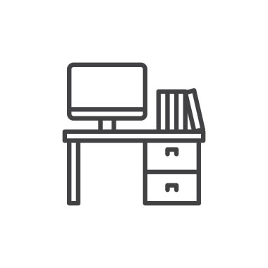 Office Danışma Hattı simgesini, Anahat vektör işareti üzerinde beyaz izole doğrusal stil piktogram. Çalışma alanı simgesi, logo illüstrasyon. Düzenlenebilir inme. Piksel mükemmel