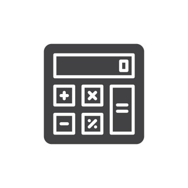 Hesap makinesi simge vektör, düz işareti, üzerinde beyaz izole katı piktogram dolu. Muhasebe sembolü, logo illüstrasyon. Piksel mükemmel