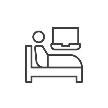 Yatak satırı simgesi içinde laptop Anahat vektör işareti, üzerinde beyaz izole doğrusal stil piktogram. Sembol, logo illüstrasyon. Düzenlenebilir inme. Piksel mükemmel