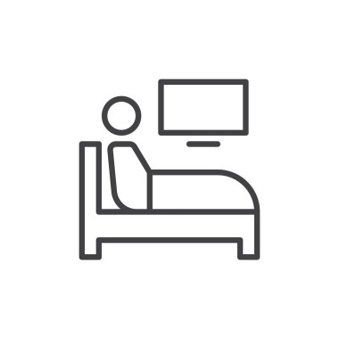 Seyretmek TV yatak çizgisi simgesinde, vektör işareti, anahat üzerinde beyaz izole doğrusal stil piktogram. Sembol, logo illüstrasyon. Düzenlenebilir inme. Piksel mükemmel