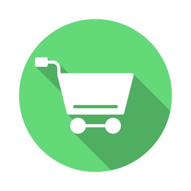 Online alışveriş düz simgesi. Yuvarlak renkli düğmesini, alışveriş sepeti dairesel vektör işareti uzun gölge etkisi ile. Düz stil tasarım