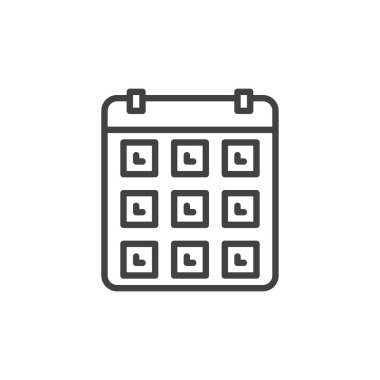 Takvim, olay satırı simgesi, Anahat vektör işareti üzerinde beyaz izole doğrusal stil piktogram. Sembol, logo illüstrasyon. Düzenlenebilir inme. Piksel mükemmel