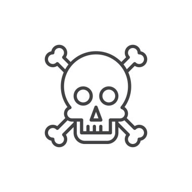 Kafatası ve kemikler satırı simgesi, Anahat vektör işareti üzerinde beyaz izole doğrusal stil piktogram. Zehir sembol, logo illüstrasyon. Düzenlenebilir inme. Piksel mükemmel