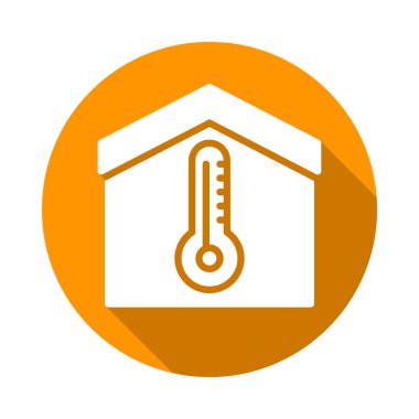 Ev düz simgesi içindeki sıcaklık. Yuvarlak renkli düğmesini, kapalı termometre dairesel vektör uzun gölge efekti ile oturum açın. Düz stil tasarım