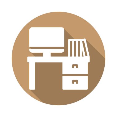 Ofis resepsiyon düz simgesi. Yuvarlak renkli düğmesini, işyeri dairesel vektör işareti uzun gölge etkisi ile. Düz stil tasarım