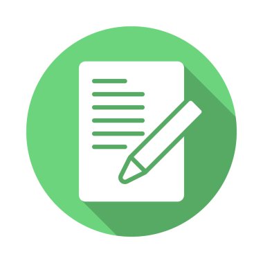 Kalemle, form düz simgesini belge. Renkli düğme dairesel vektör uzun gölge efekti ile oturum açın. Düz stil tasarım