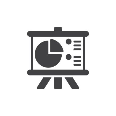 Flip Chart kurulu ile pasta grafik simge vektör, düz işareti, üzerinde beyaz izole katı piktogram dolu. Sembol, logo illüstrasyon. Piksel mükemmel