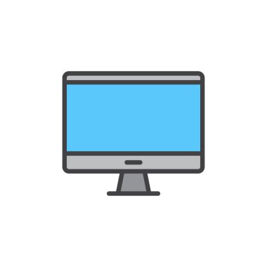 Masaüstü bilgisayar, monitör doldurulmuş anahat simgesini, çizgi vektör işareti, üzerinde beyaz izole doğrusal renkli sembol. Sembol, logo illüstrasyon. Piksel mükemmel vektör grafikleri