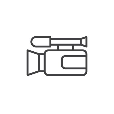 Video kamera satırı simgesi, Anahat vektör işareti üzerinde beyaz izole doğrusal stil piktogram. Video kamera simgesi, logo illüstrasyon. Düzenlenebilir inme. Piksel mükemmel