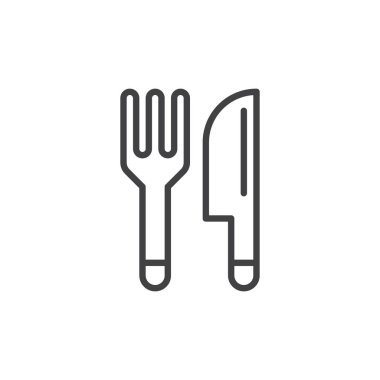 Çatal ve bıçak, çatal bıçak takımı satırı simgesi, Anahat vektör işareti, üzerinde beyaz izole doğrusal stil piktogram. Gıda sembolü, logo illüstrasyon. Düzenlenebilir inme. Piksel mükemmel