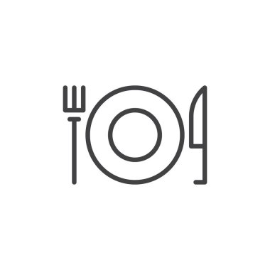 Çatal ve bıçak ile plaka satırı simgesi, vektör işareti, üzerinde beyaz izole doğrusal stil piktogram anahat. Restoran sembol, logo illüstrasyon. Düzenlenebilir inme. Piksel mükemmel