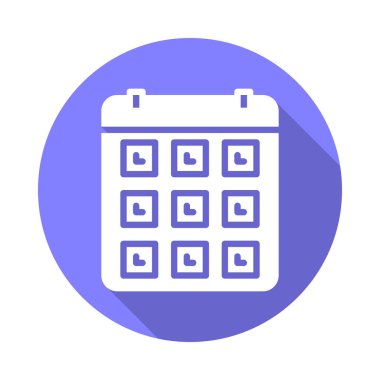 Takvim düz simgesi. Renkli düğme dairesel vektör uzun gölge efekti ile oturum açın. Düz stil tasarım