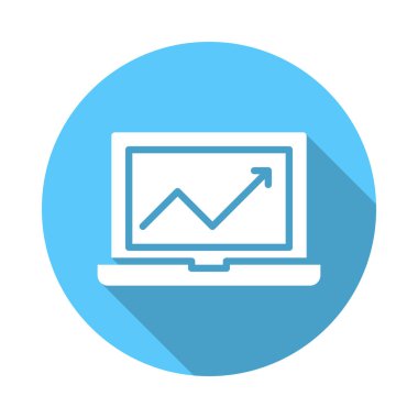 Grafik düz simgesi ile dizüstü bilgisayar. Renkli düğme dairesel vektör uzun gölge efekti ile oturum açın. Düz stil tasarım