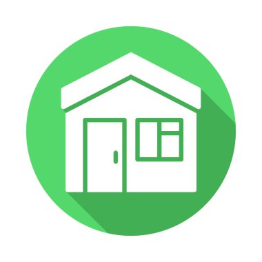 Ev düz simgesi. Yuvarlak renkli düğme, ev dairesel vektör işareti uzun gölge etkisi ile. Düz stil tasarım