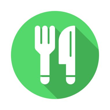 Çatal ve bıçak, çatal bıçak takımı düz simgesi. Yuvarlak renkli düğmesini, gıda dairesel vektör işareti uzun gölge etkisi ile. Düz stil tasarım