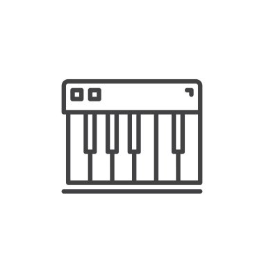 Piyano tuşları simgesi, satır Anahat vektör işareti, üzerinde beyaz izole doğrusal stil piktogram. Synthesizer sembolü, logo illüstrasyon. Düzenlenebilir inme. Piksel mükemmel