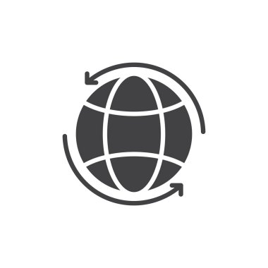 Küre simge vektör, dolu düz işareti, üzerinde beyaz izole katı piktogram çevresinde oklarla. Dünya çapında sembol, logo illüstrasyon. Piksel mükemmel