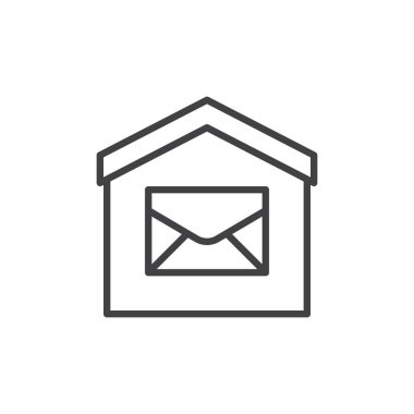 Ev ve satır kutsal kişilerin resmi, vektör işareti, anahat zarf üzerinde beyaz izole doğrusal stil piktogram. Postane sembolü, logo illüstrasyon. Düzenlenebilir inme. Piksel mükemmel