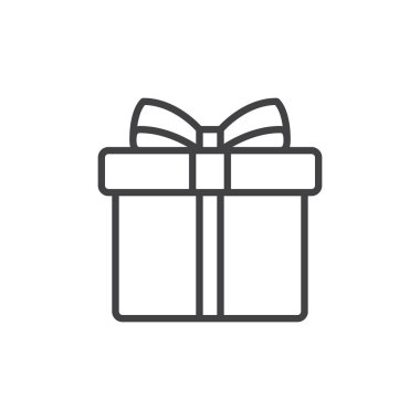 Hediye kutusu şerit çizgi simgesiyle, vektör işareti, anahat üzerinde beyaz izole doğrusal stil piktogram. Sembol, logo illüstrasyon. Düzenlenebilir inme. Piksel mükemmel