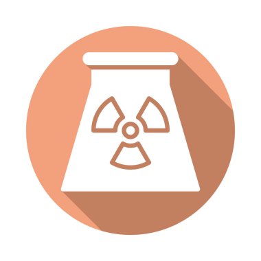 Nükleer güç bitki düz simgesi. Renkli düğme dairesel vektör uzun gölge efekti ile oturum açın. Düz stil tasarım