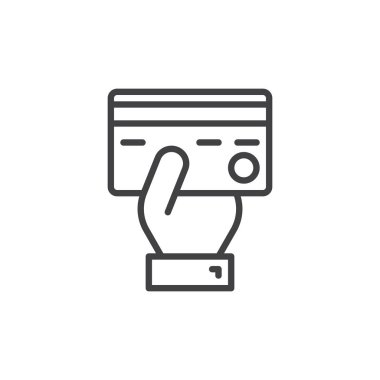 Plastik kart satırı simgesi tutan el, vektör işareti, anahat üzerinde beyaz izole doğrusal stil piktogram. Kredi kartı ödeme sembolü, logo illüstrasyon. Düzenlenebilir inme. Piksel mükemmel grafikler