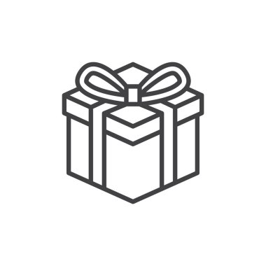 Hediye kutusu satırı simgesi, vektör işareti, anahat üzerinde beyaz izole doğrusal stil piktogram. Mevcut sembol, logo illüstrasyon. Düzenlenebilir inme. Piksel mükemmel