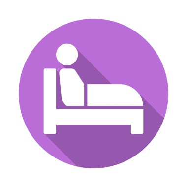 Yatak düz kutsal kişilerin resmi içinde oturuyor. Yuvarlak renkli düğmesini, uykusuzluk dairesel vektör işareti uzun gölge etkisi ile. Düz stil tasarım