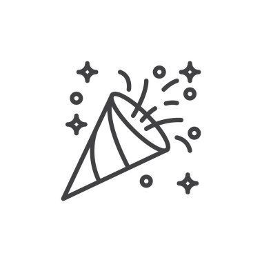 Konfeti popper satırı simgesi, Anahat vektör işareti üzerinde beyaz izole doğrusal stil piktogram. Sembol, logo illüstrasyon. Düzenlenebilir inme. Piksel mükemmel